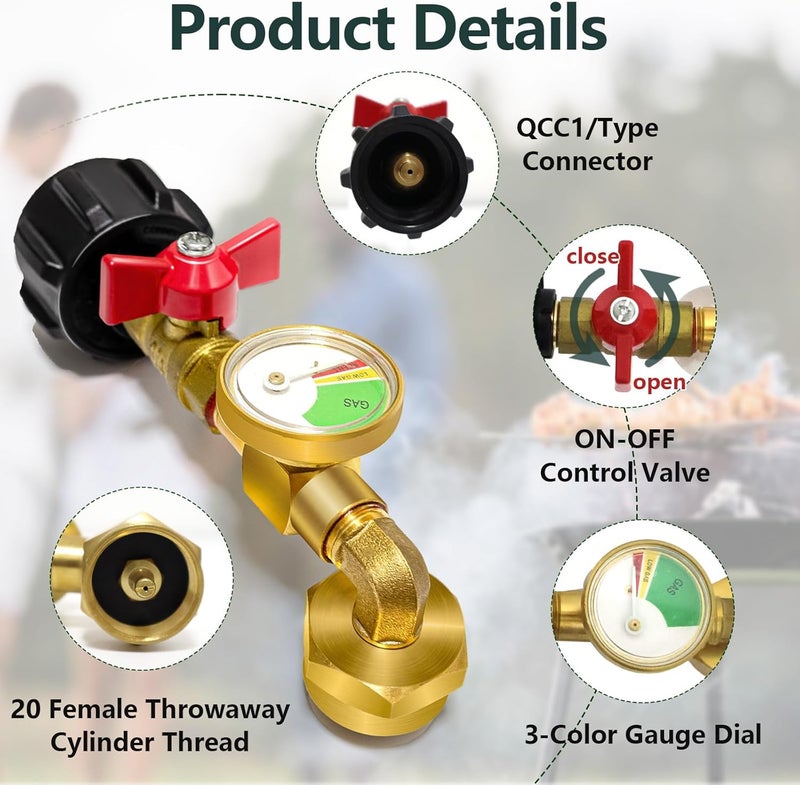 CONROS Propane Refill Adapter for 1 LB. Tanks, Propane Adapter 20lb to 1lb Converter with Gauge Valve, Propane Refill Elbow Adapter with 4 Bottle Caps for BBQ Grill Stove Camping RV, Solid Brass - Image 4